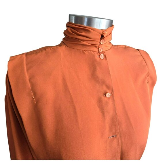 Vintage San Andre Blouse Orange High Collar & Shoulder Pads Scarf Neck 6P HS158 - Picture 3 of 10